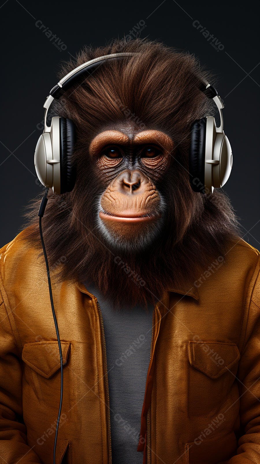 Macaco com fones de ouvido e jaqueta marrom