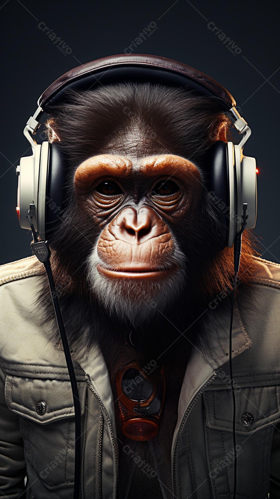 Chimpanzé com fones de ouvido ouvindo música