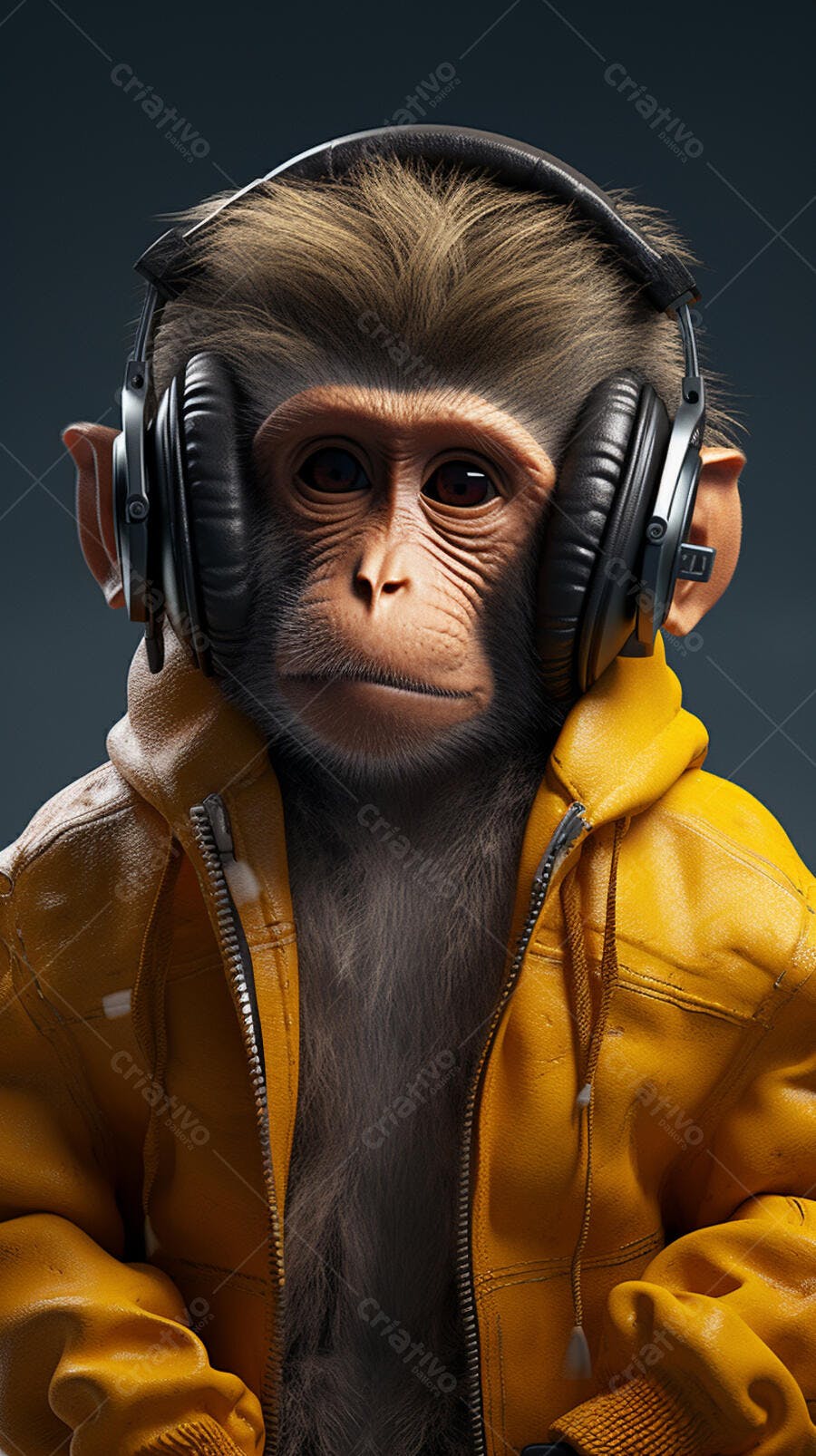 Macaco com fones de ouvido e jaqueta amarela