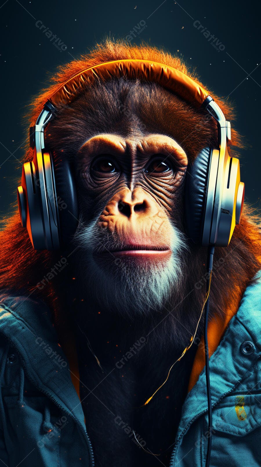 Chimpanzé com fones ouvindo música