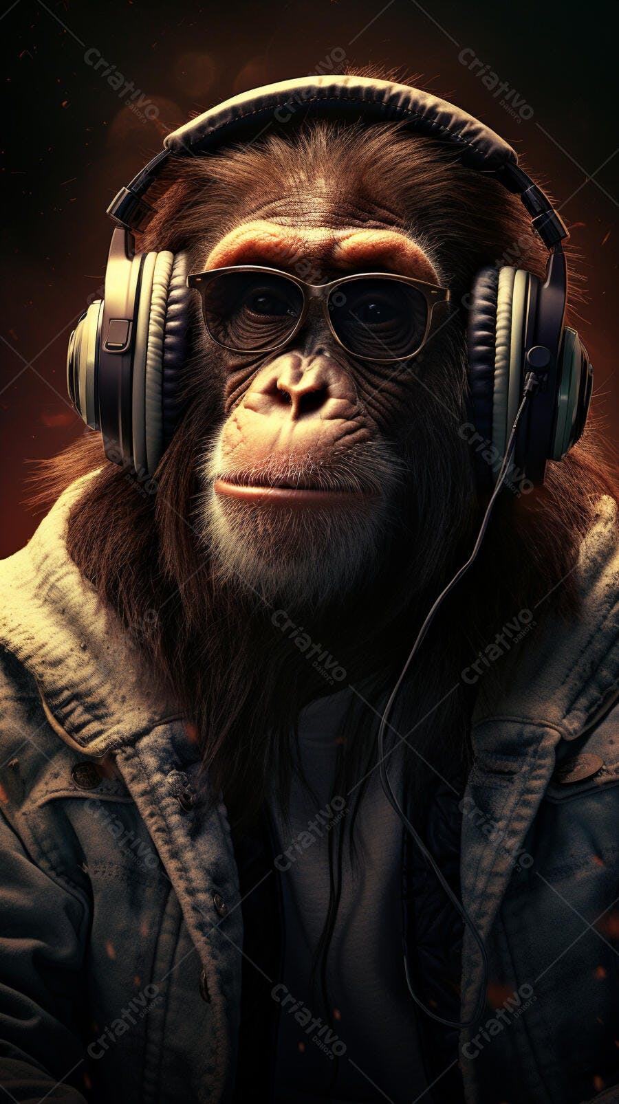 Chimpanzé com óculos escuros e fone de ouvido