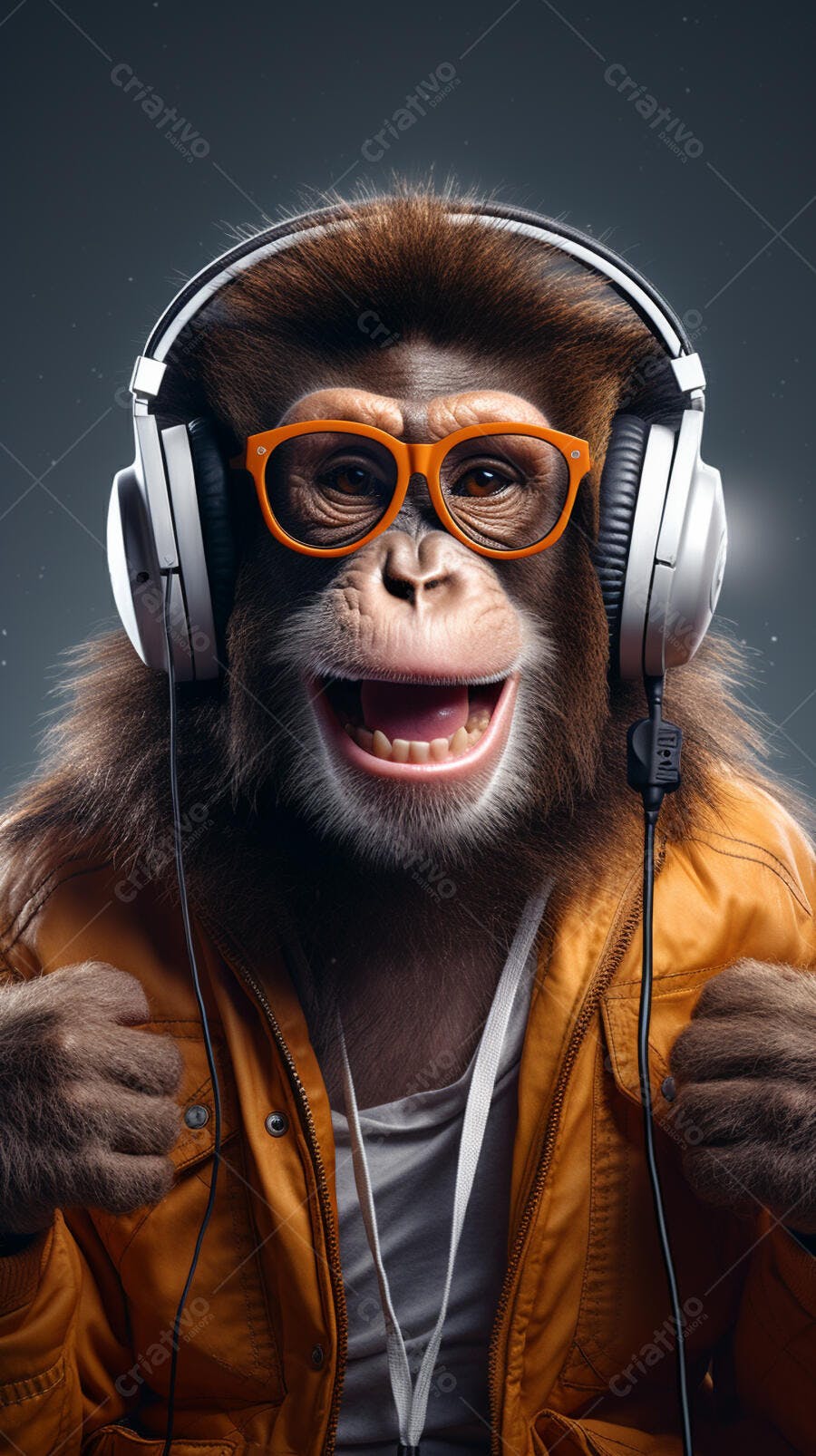 Macaco feliz ouvindo música com fones