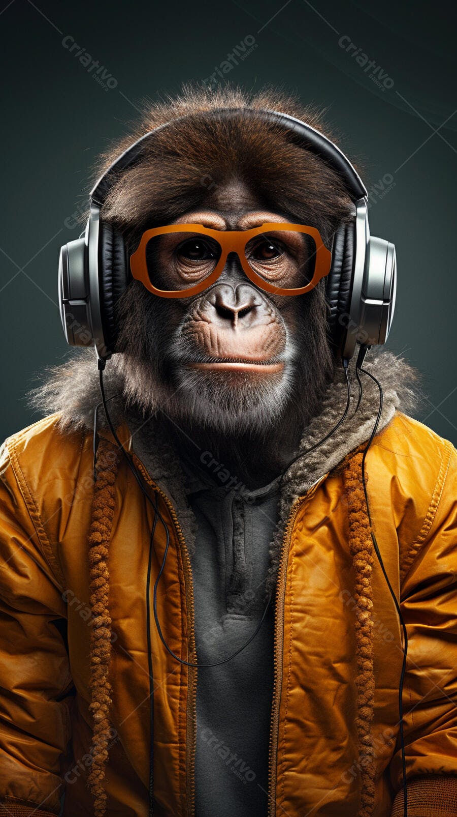 Chimpanzé com óculos e fones ouvindo música