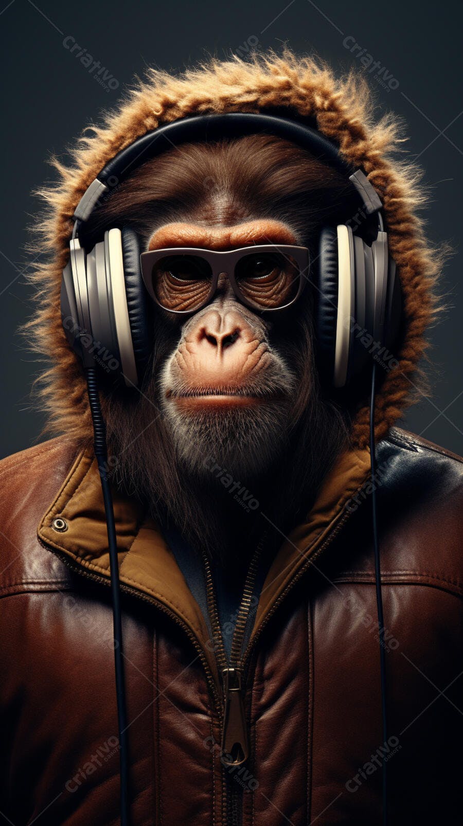 Macaco com fone de ouvido e jaqueta de couro