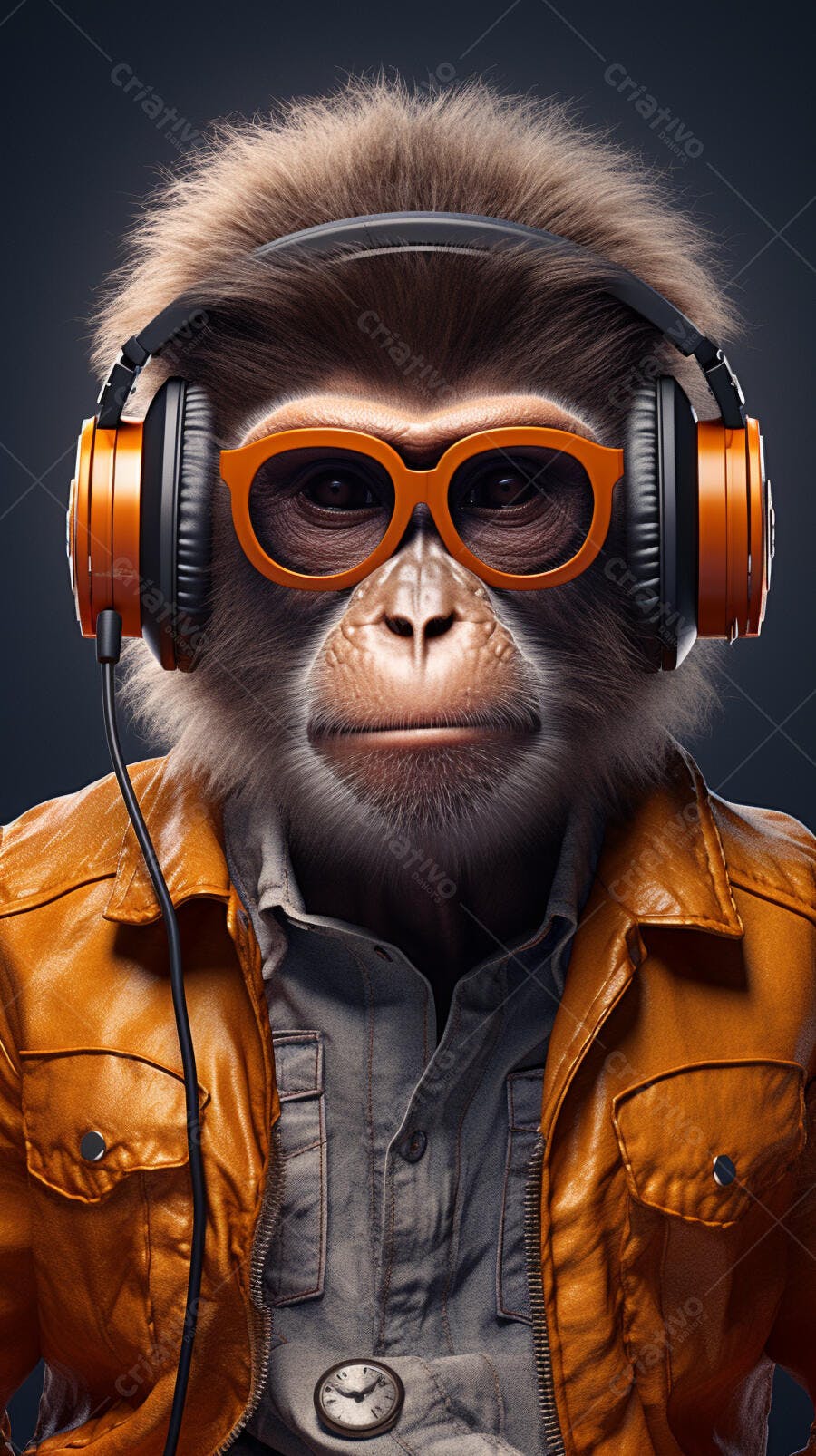 Macaco estiloso com fones laranja