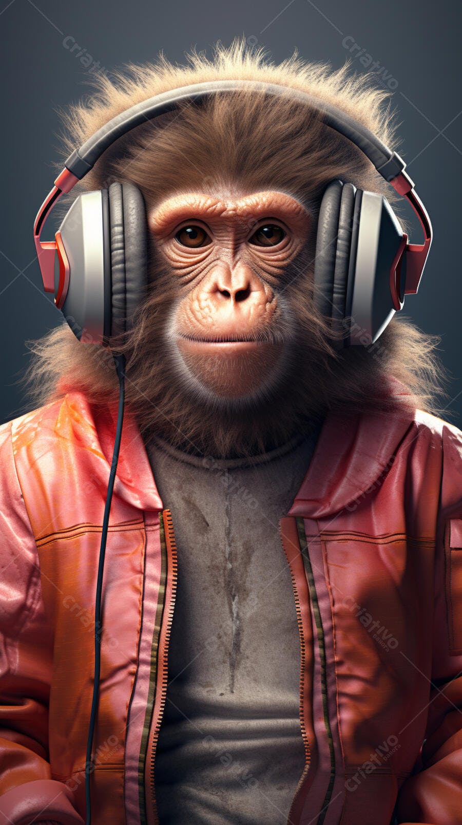 Macaco com fones de ouvido e jaqueta laranja