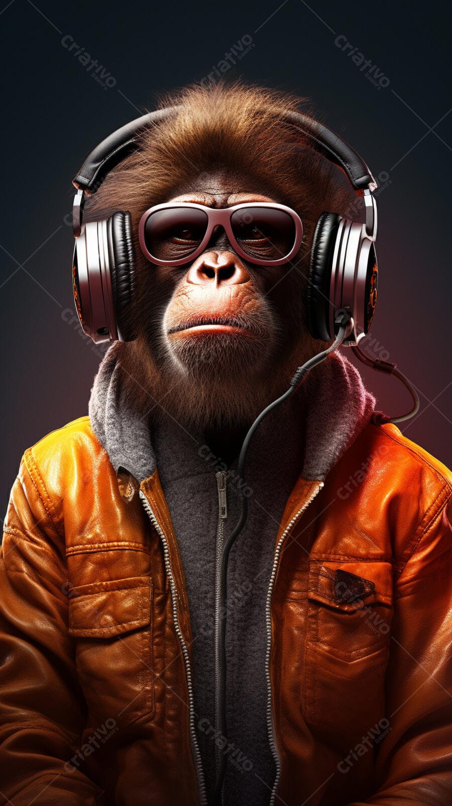 Macaco com fone de ouvido e jaqueta