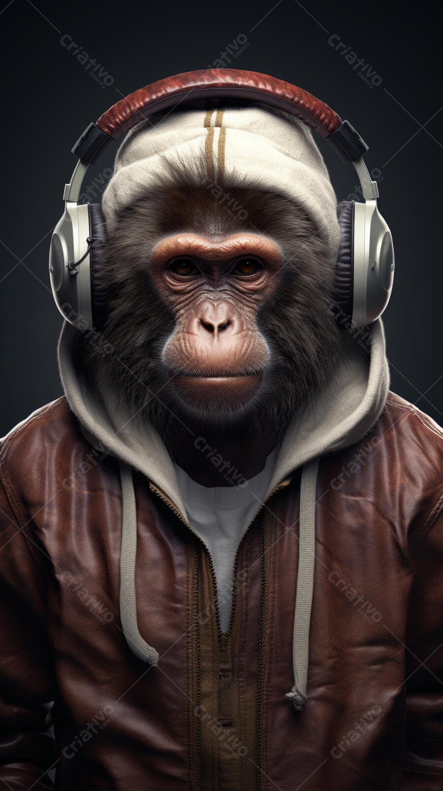 Macaco usando fone de ouvido e jaqueta
