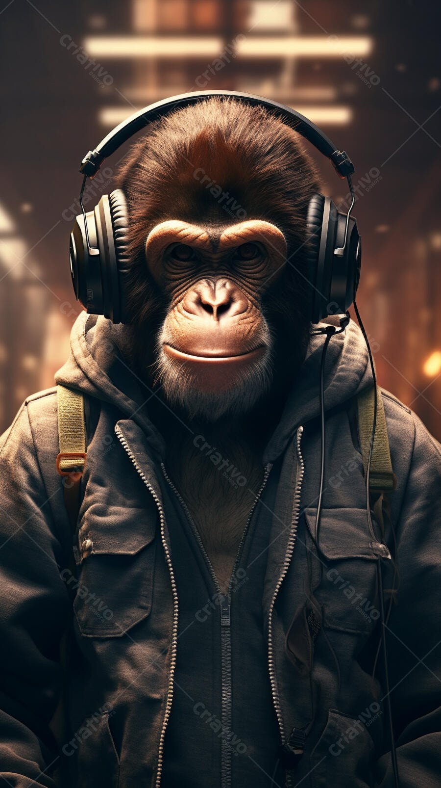 Chimpanzé com fones ouvindo música