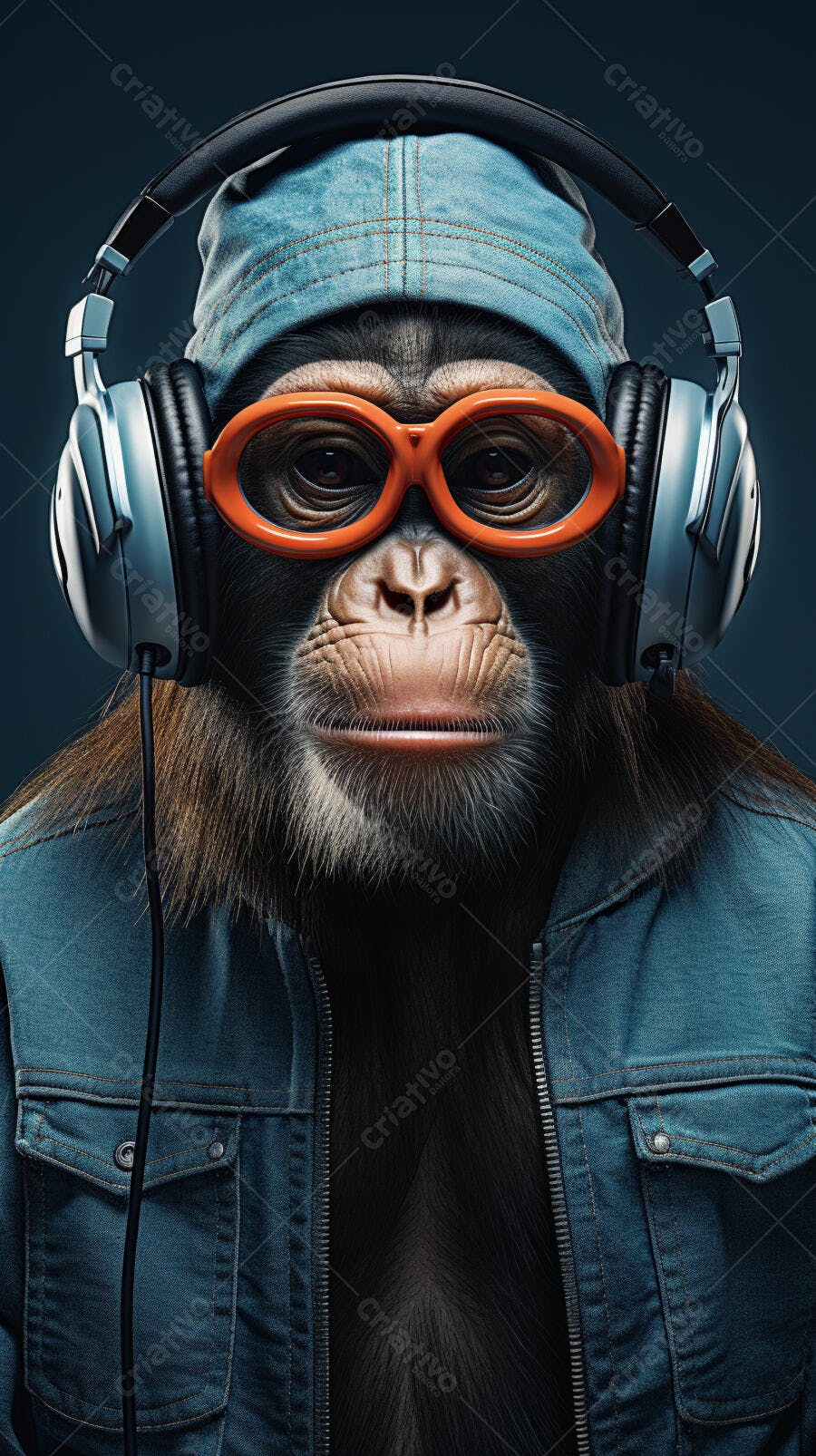 Chimpanzé com fone de ouvido e óculos estiloso