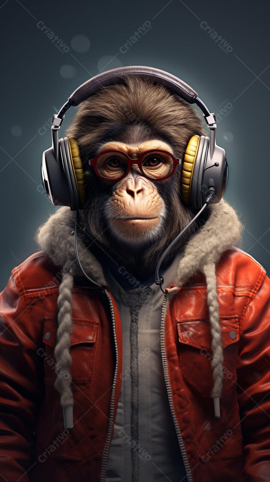 Macaco com fone de ouvido e jaqueta vermelha