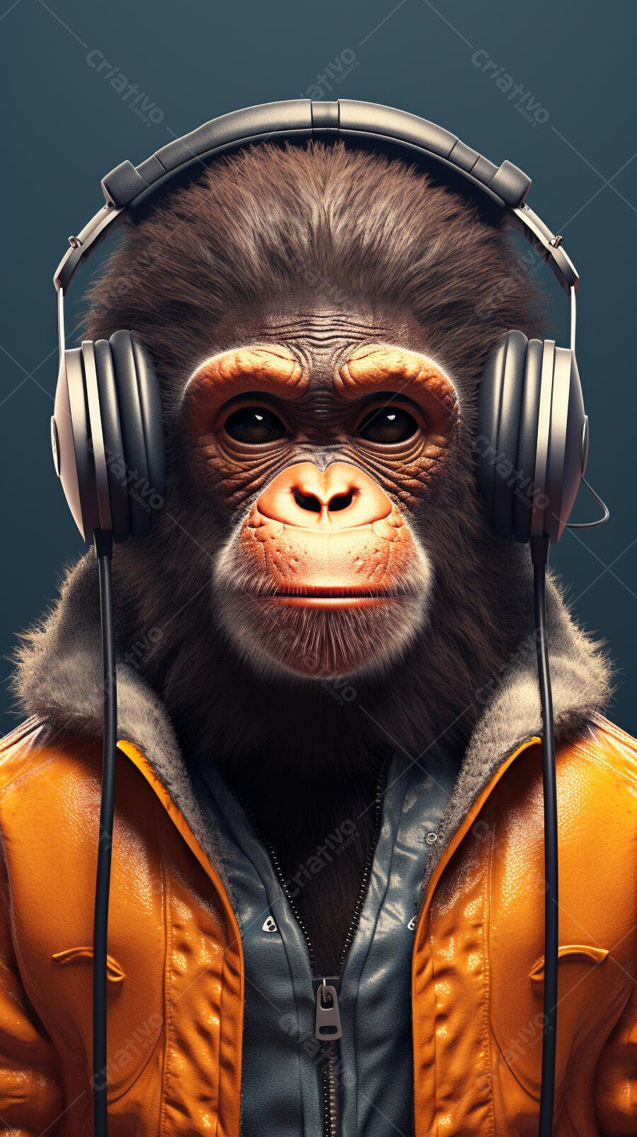 Chimpanzé com fones de ouvido e jaqueta laranja
