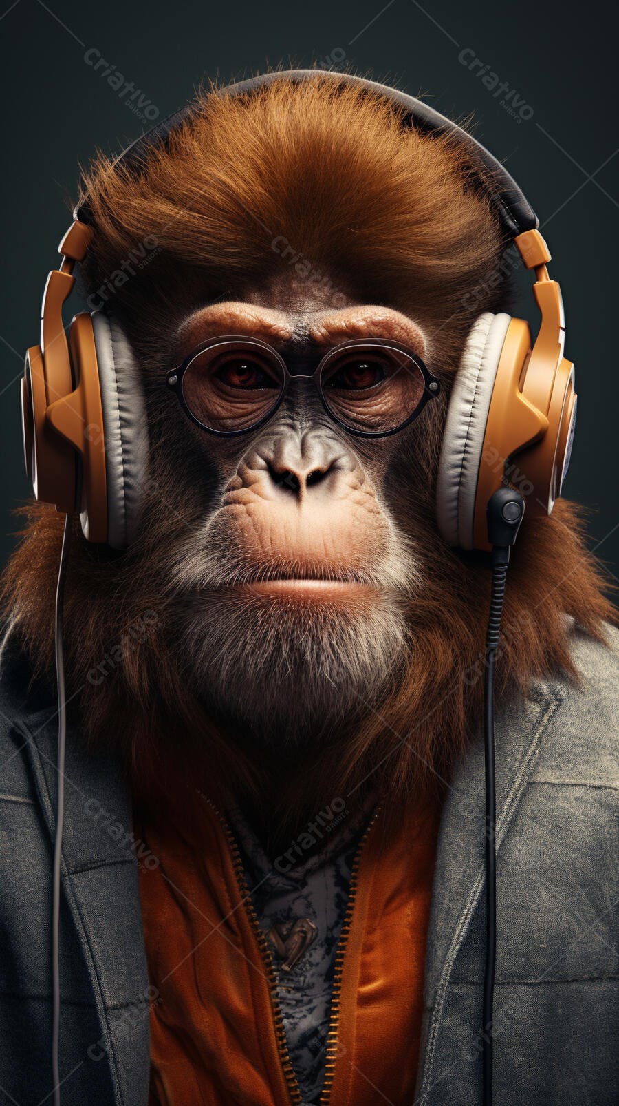 Macaco com óculos e fones ouvindo música