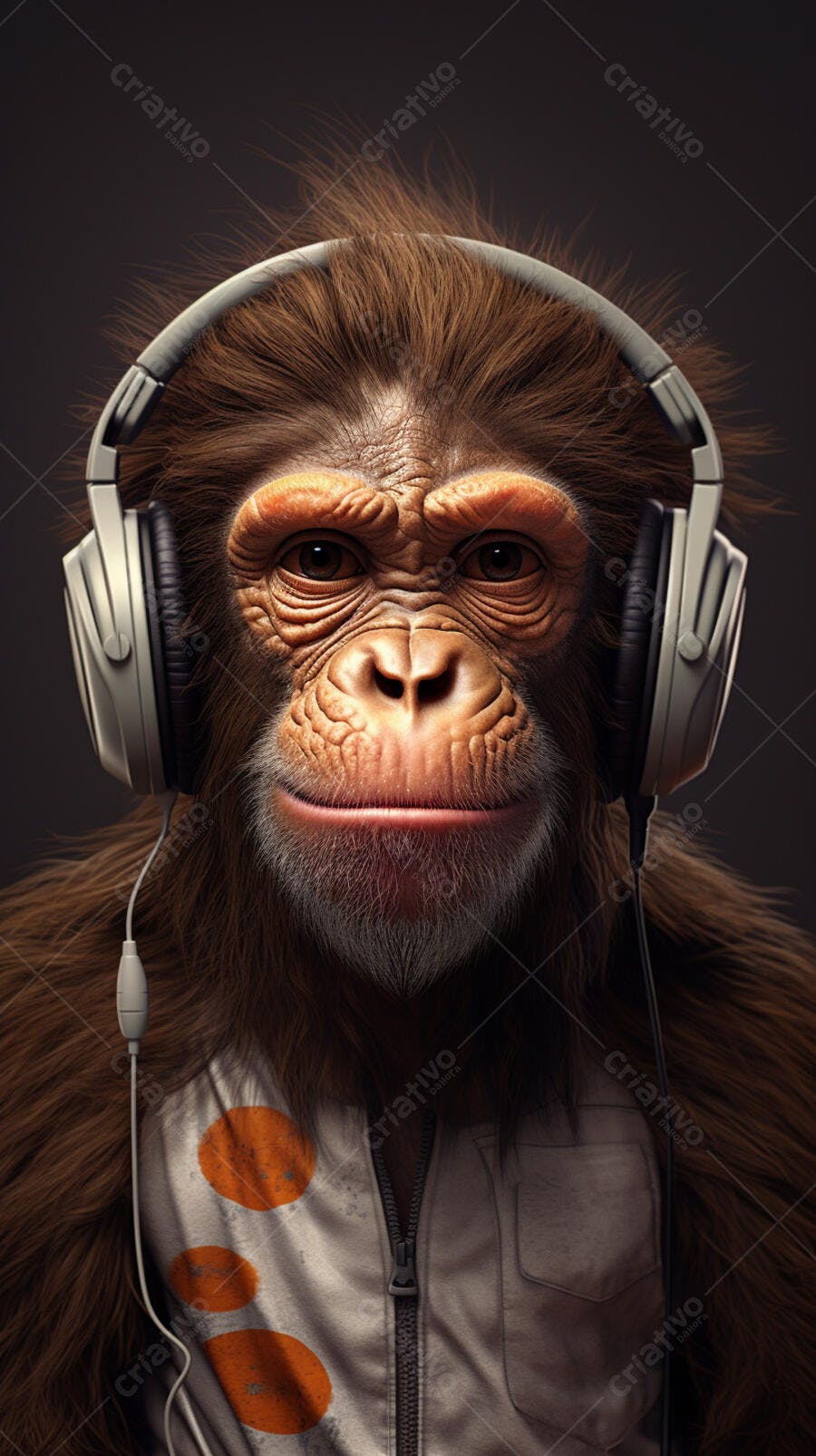 Chimpanzé com fones de ouvido ouvindo música