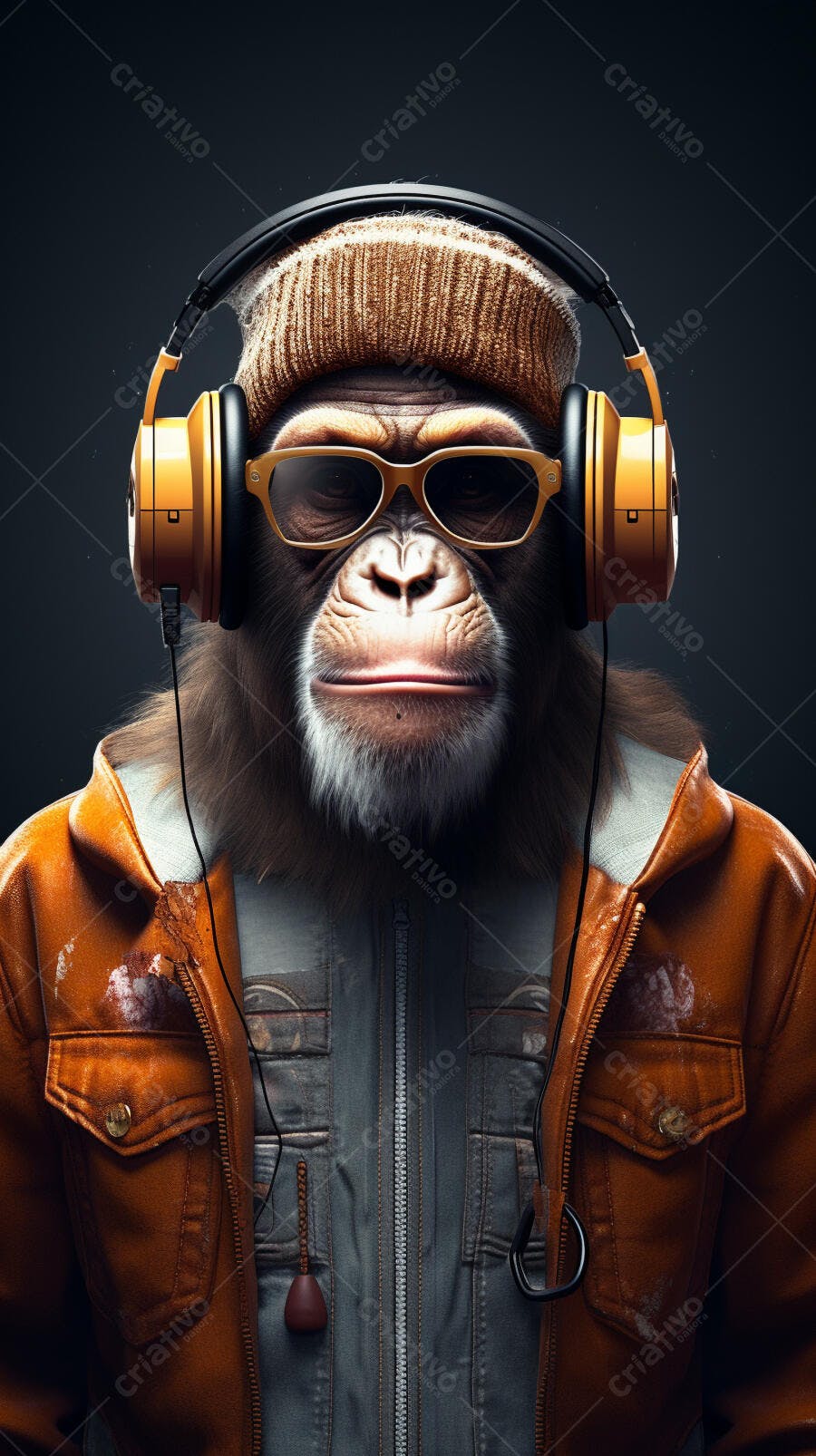 Chimpanzé estiloso ouvindo música
