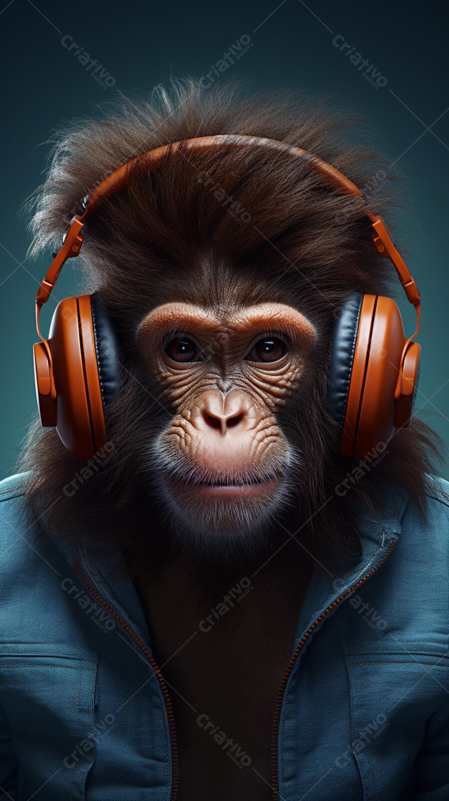 Chimpanzé com fones laranja ouvindo música
