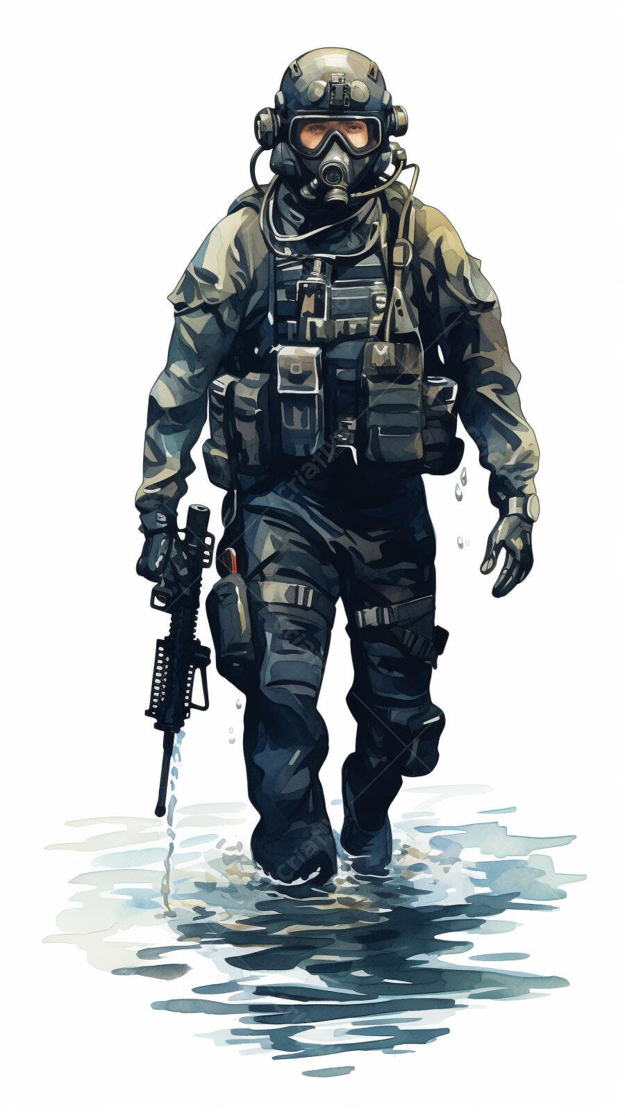 Soldado em missão aquática uniforme escuro
