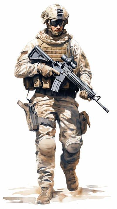 Soldado em Ação - Ilustração Militar Realista em Aquarela