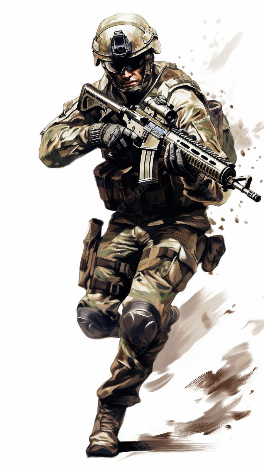 Soldado em ação com rifle camuflado