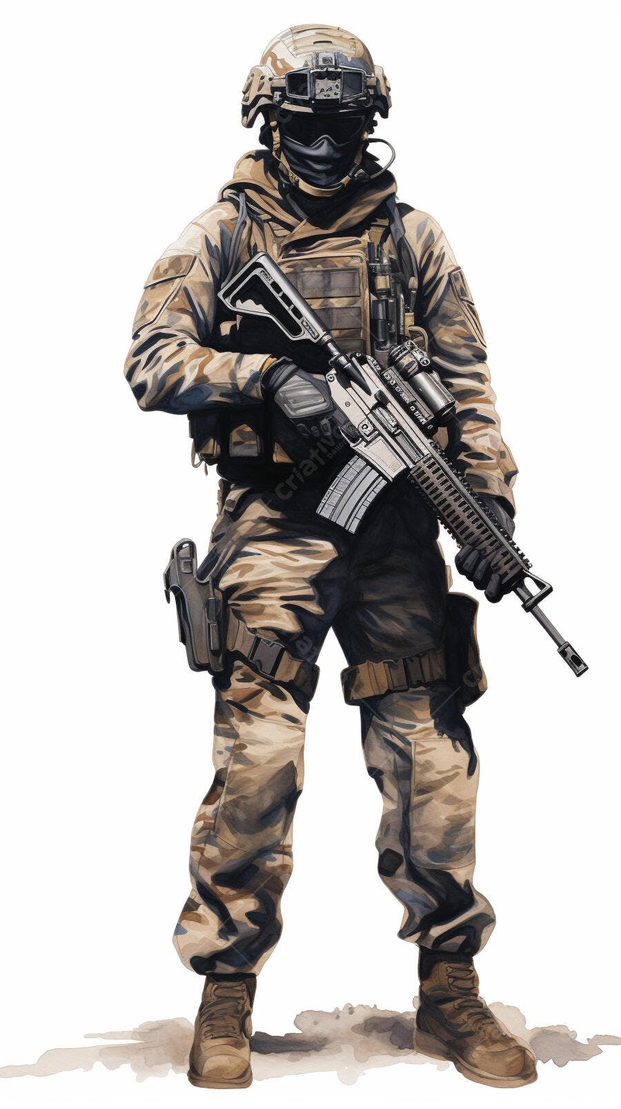 Soldado com fuzil camuflado em aquarela