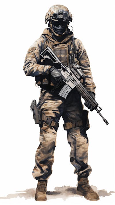 Soldado em Ação - Ilustração Militar Realista em Aquarela