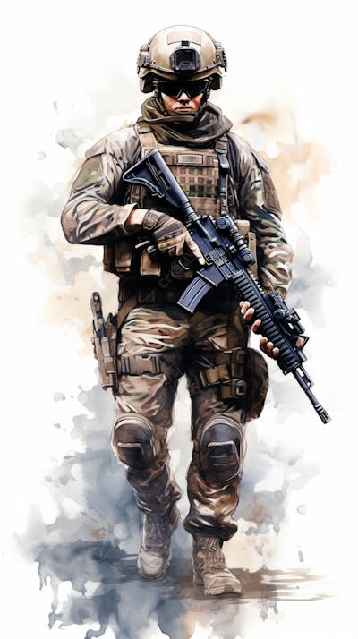 Soldado em Ação - Ilustração Militar Realista em Aquarela