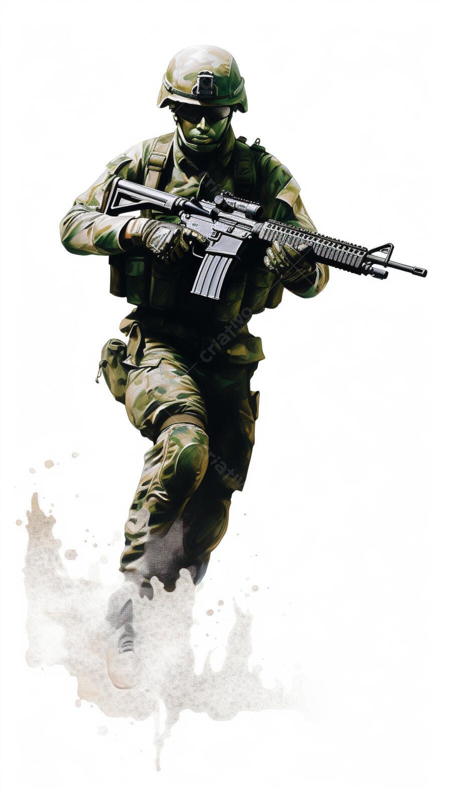 Soldado em ação camuflado em movimento