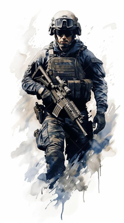 Soldado em Ação - Ilustração Militar Realista em Aquarela
