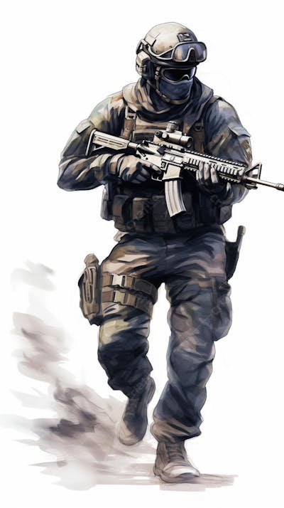 Soldado em Ação - Ilustração Militar Realista em Aquarela