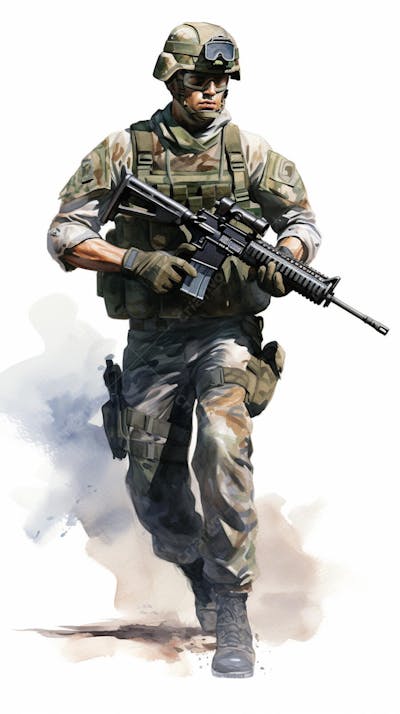 Soldado em Ação - Ilustração Militar Realista em Aquarela