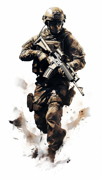 Soldado em Ação - Ilustração Militar Realista em Aquarela