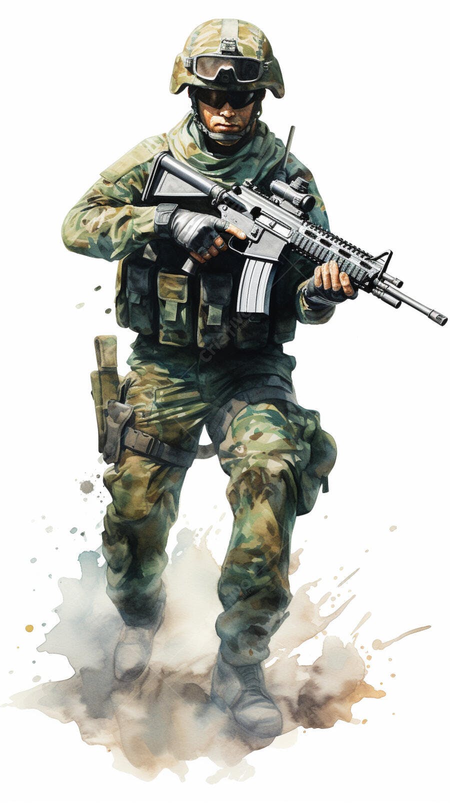Soldado em ação camuflado com fuzil