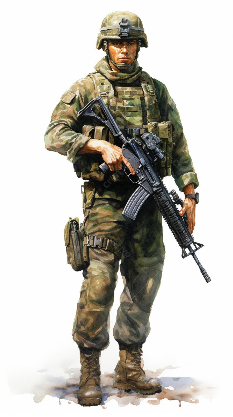 Soldado em uniforme camuflado com rifle