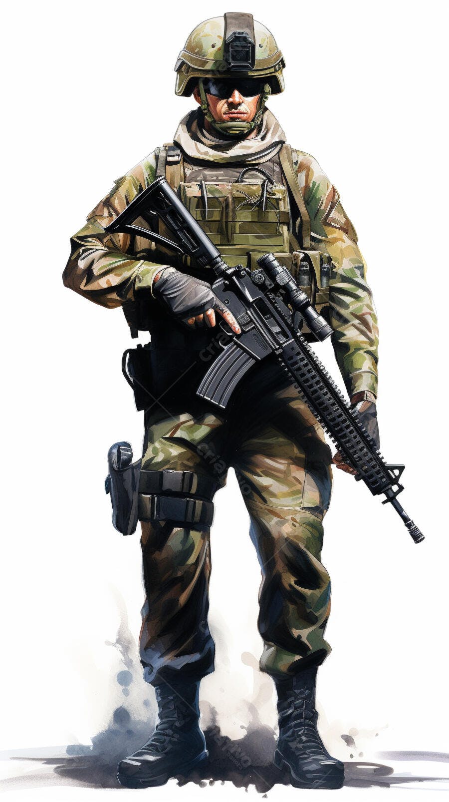 Soldado em uniforme camuflado com rifle