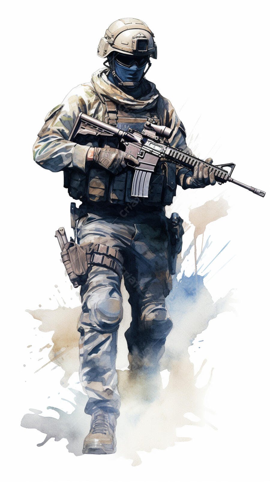 Soldado em ação camuflado com rifle