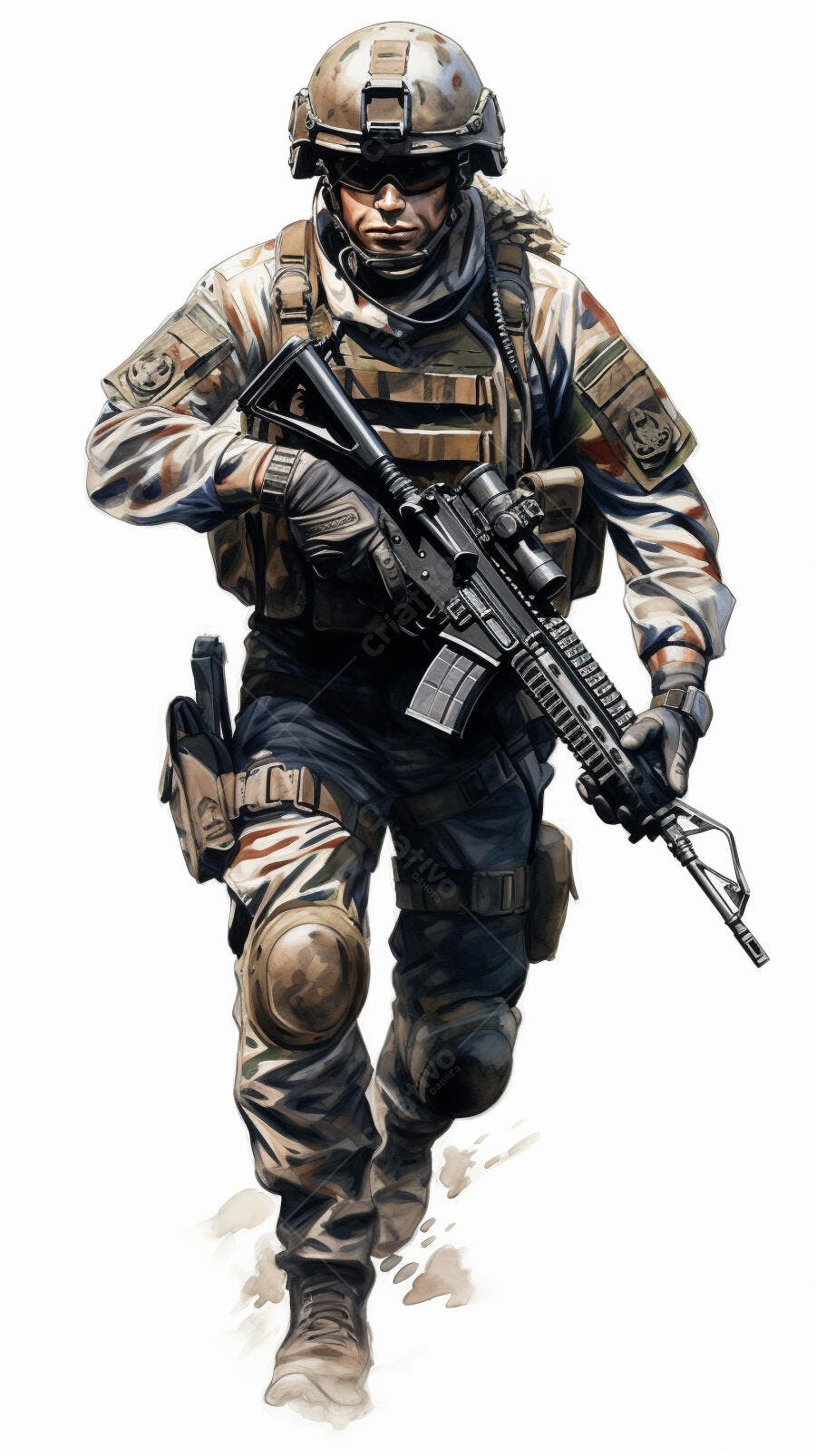 Soldado em patrulha camuflado em tons terrosos