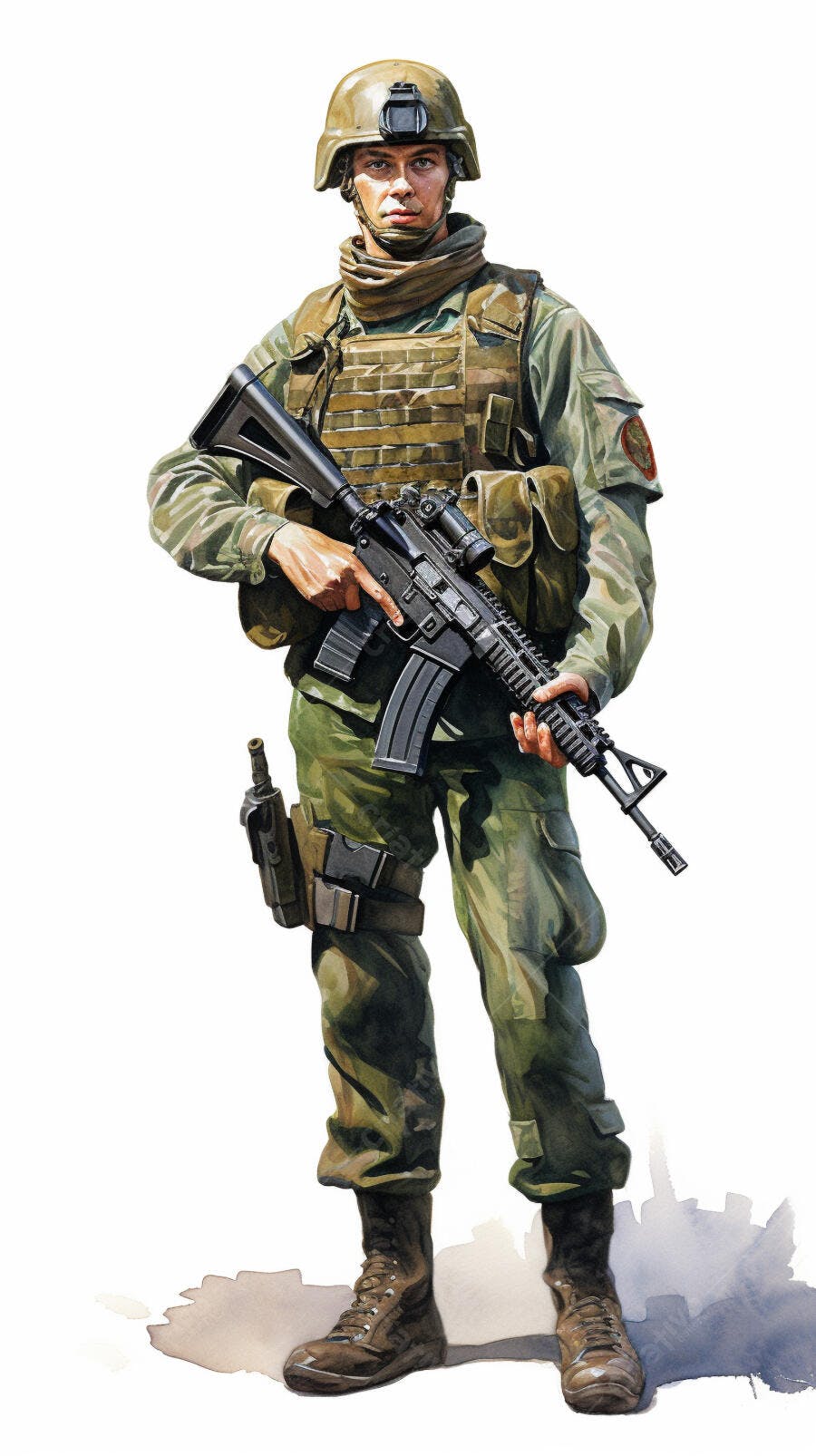Soldado com fuzil camuflado em fundo branco