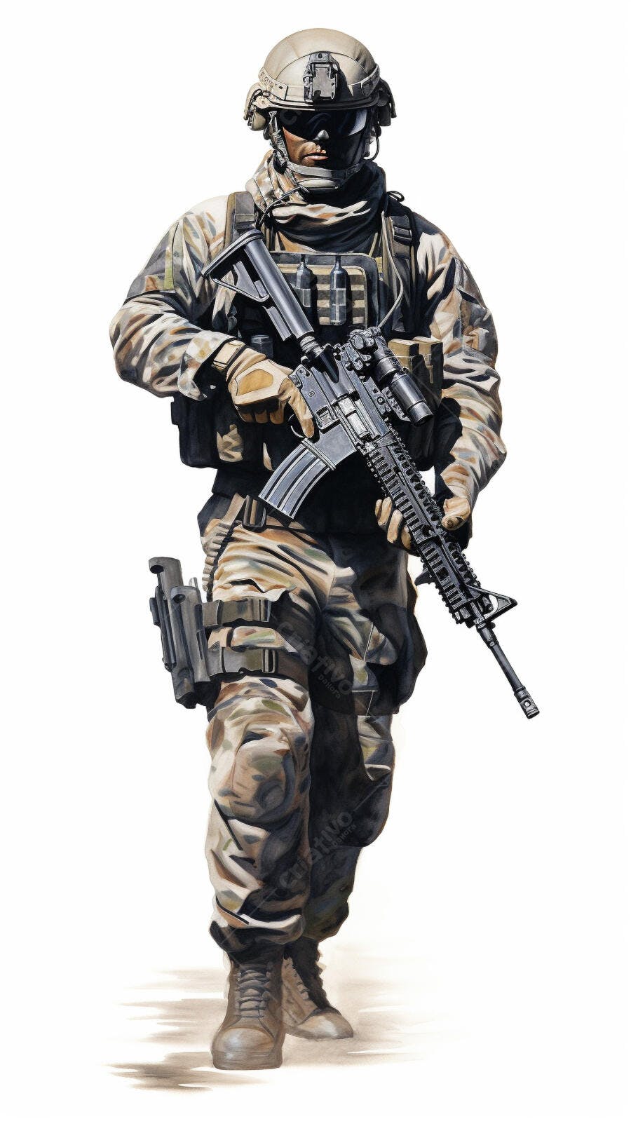 Soldado com rifle camuflado em pé