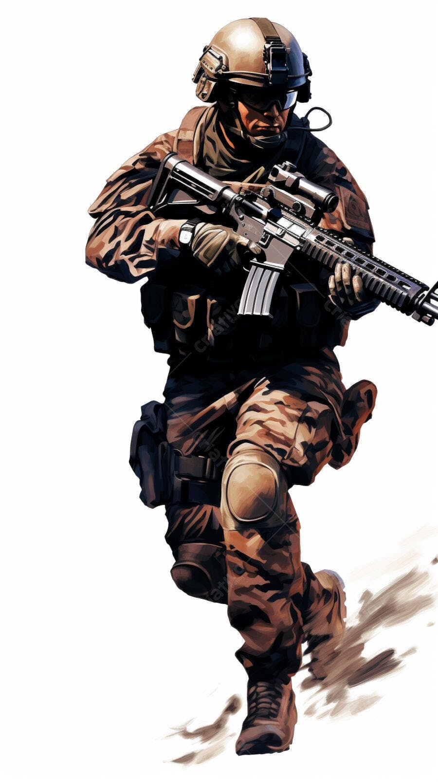 Soldado em ação com rifle de assalto