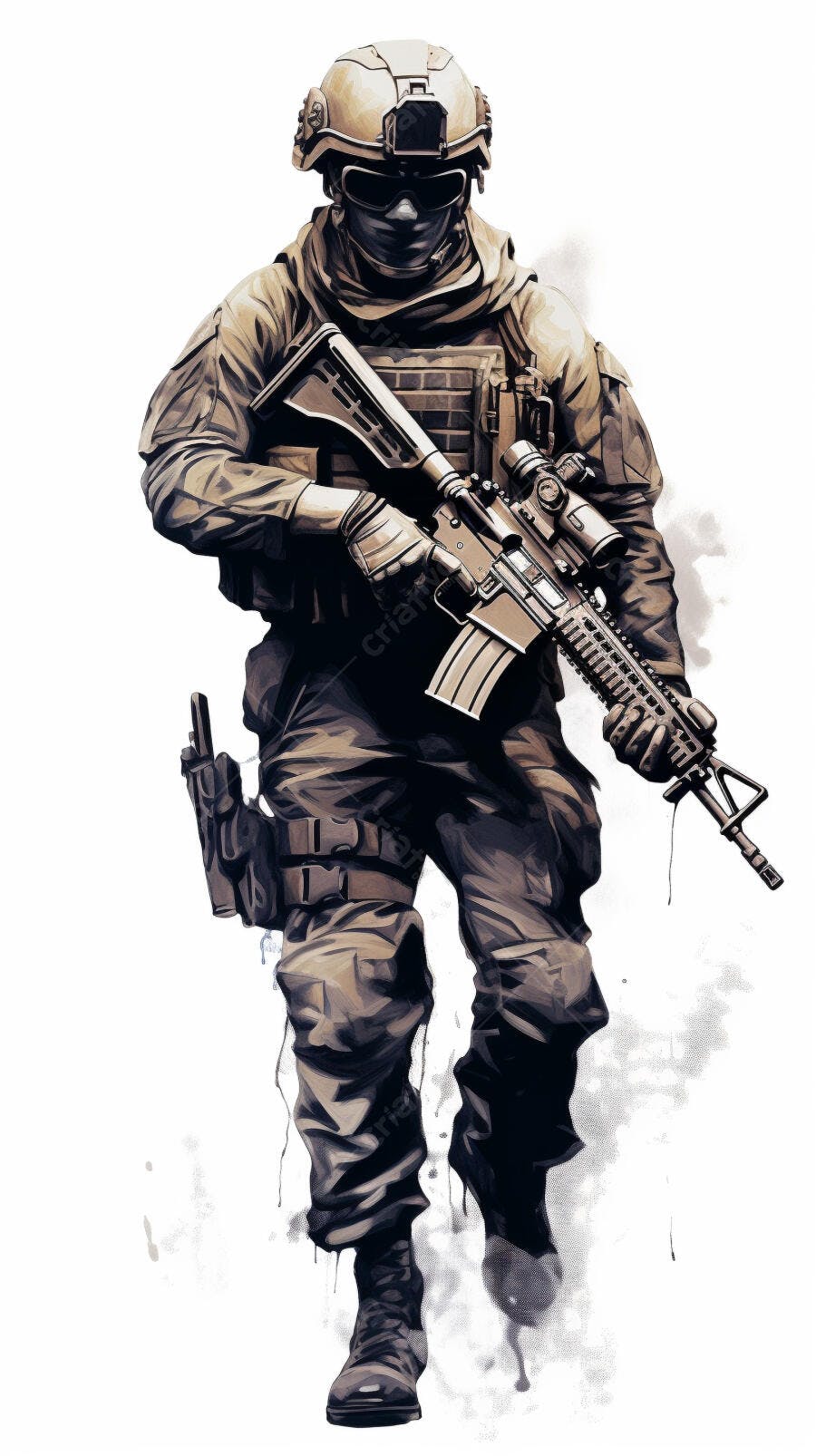 Soldado com fuzil camuflado em tons de marrom