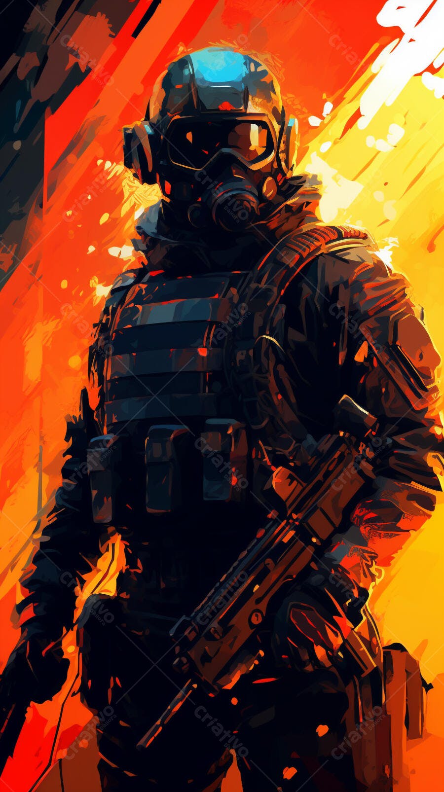 Soldado em ação fundo laranja