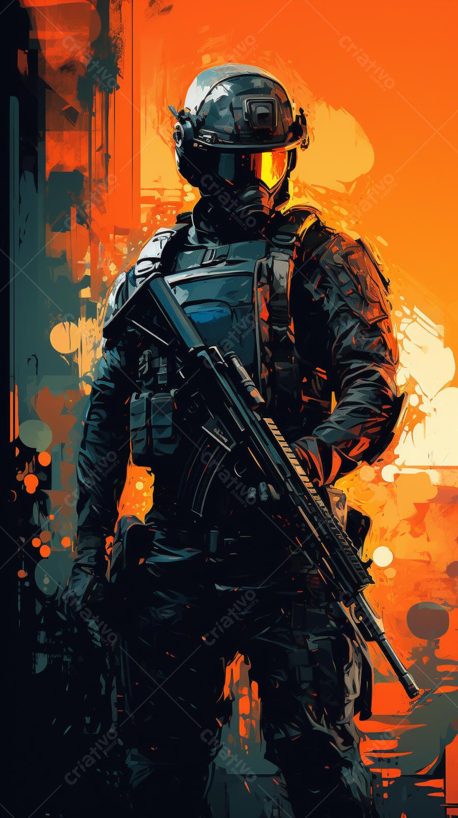 Soldado em uniforme tático laranja e preto