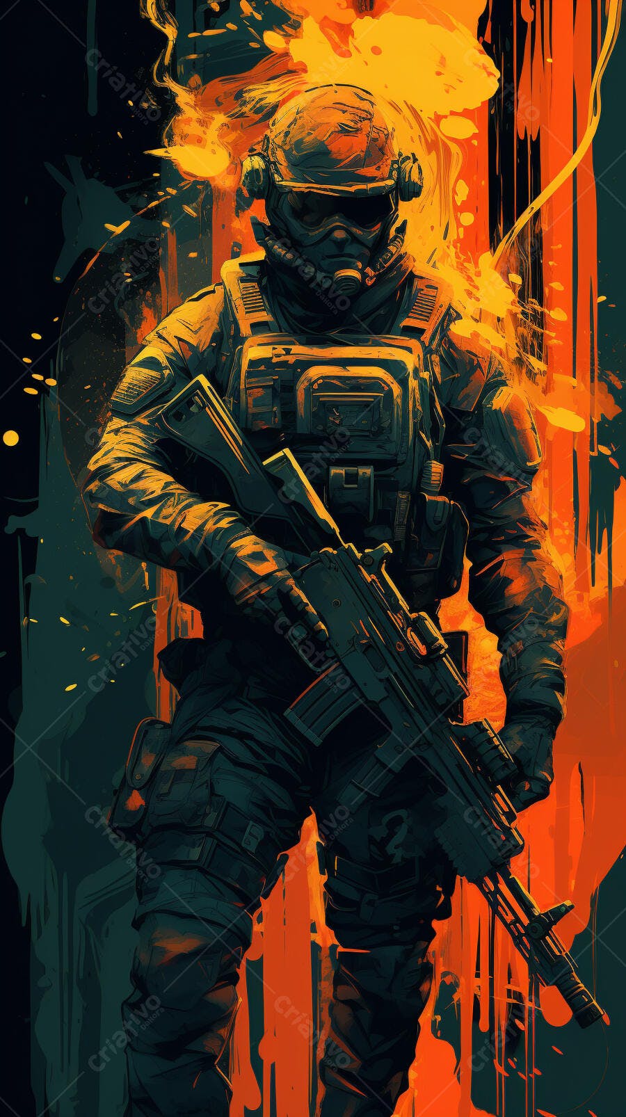 Soldado com rifle em fundo de fogo