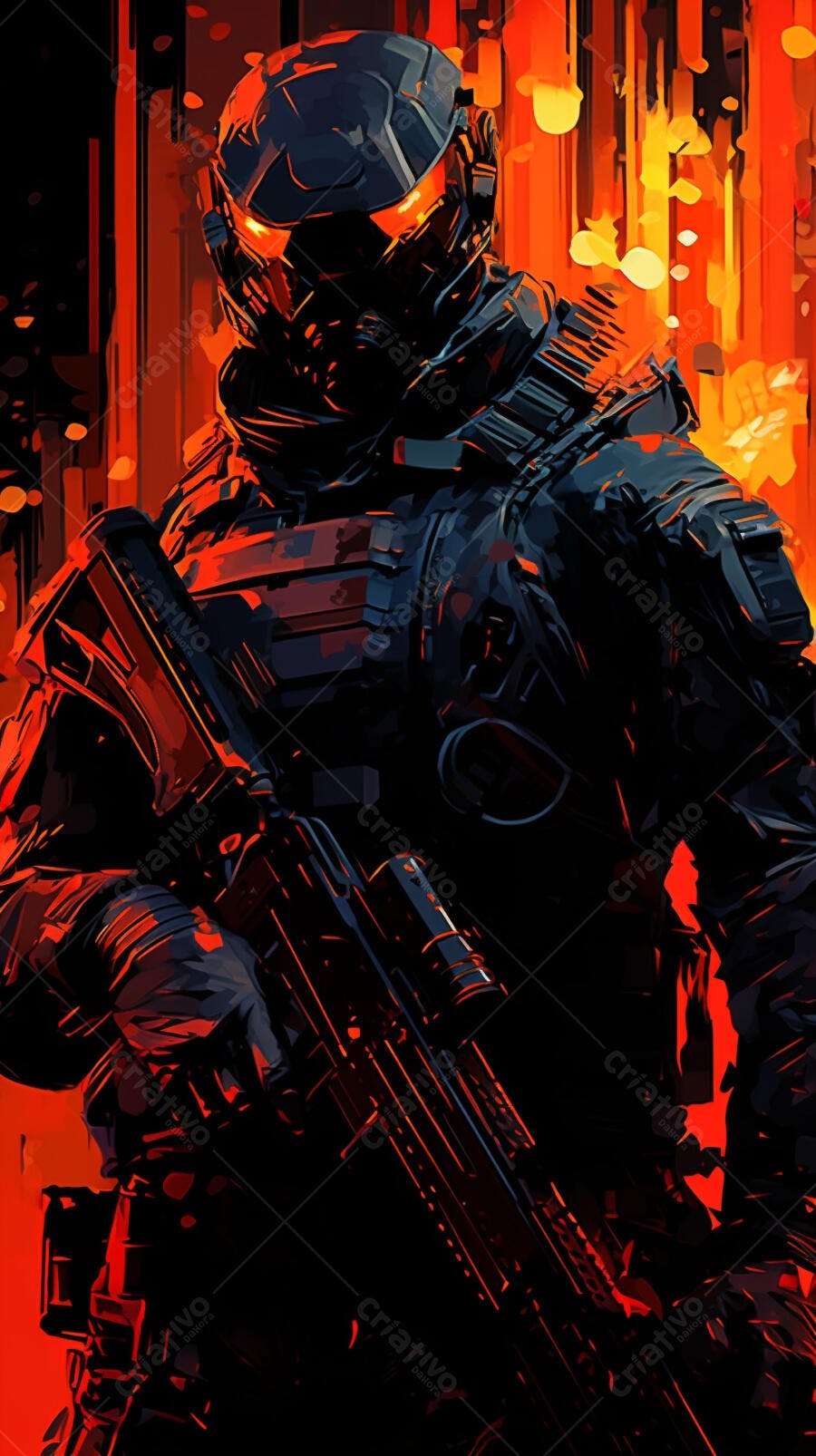 Soldado futurista com arma em cenário vermelho