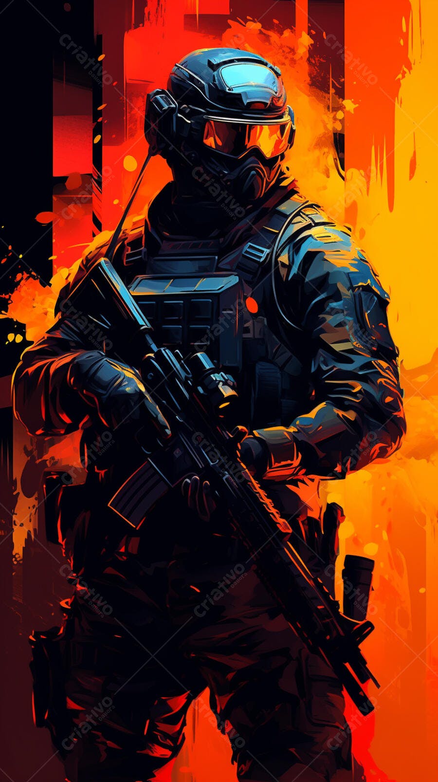 Soldado com Rifle em Fundo Laranja