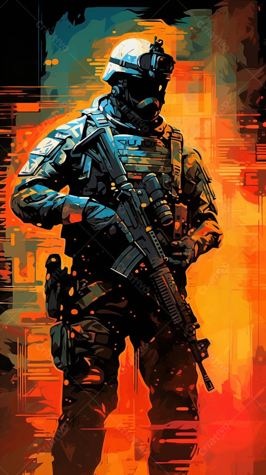 Soldado com fuzil em cenário de guerra