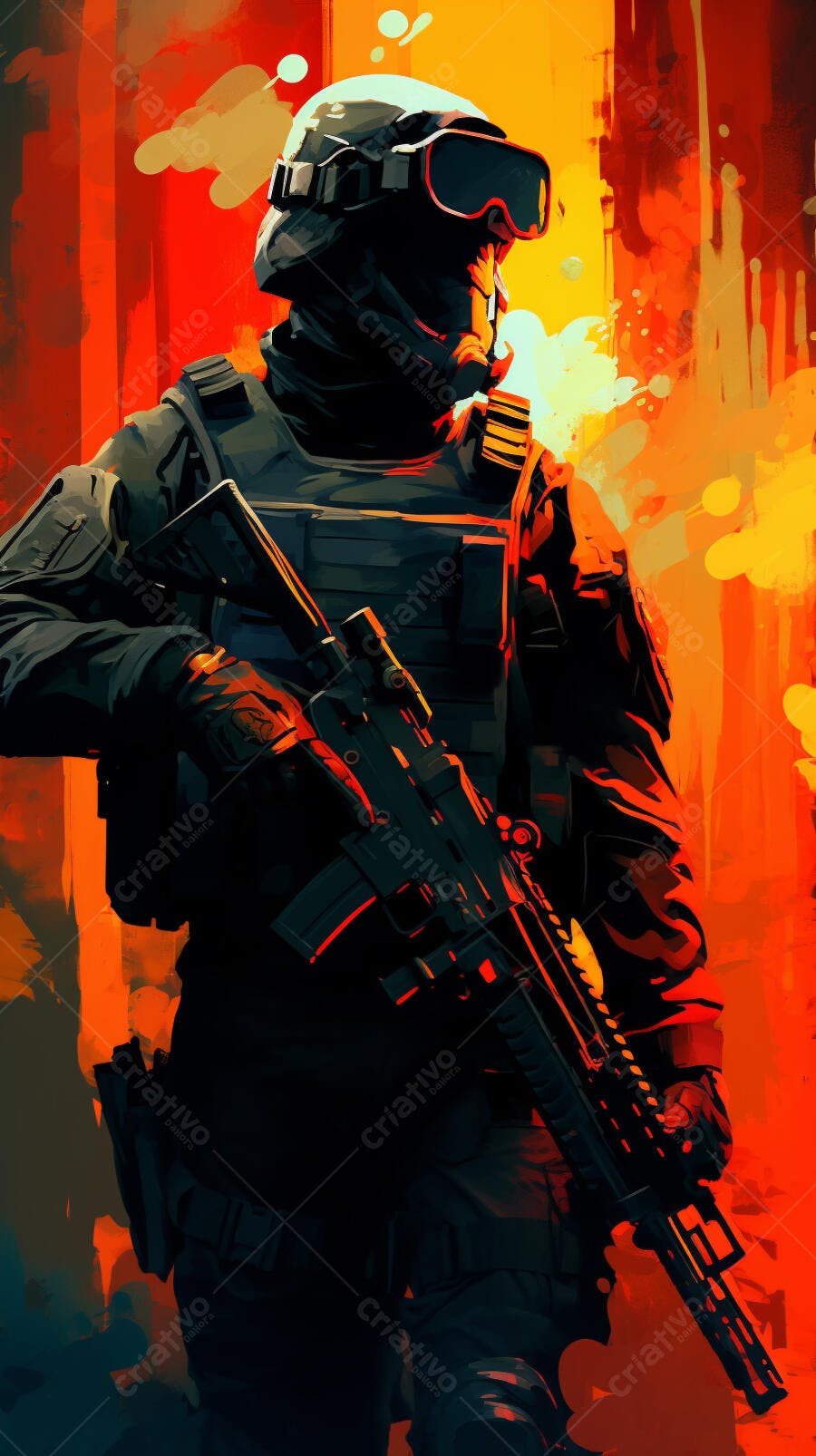 Soldado em cenário de guerra tons laranja