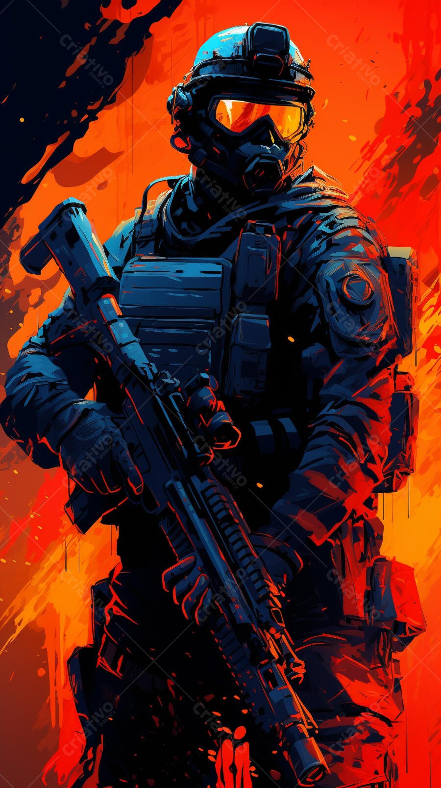 Soldado em ação fundo laranja