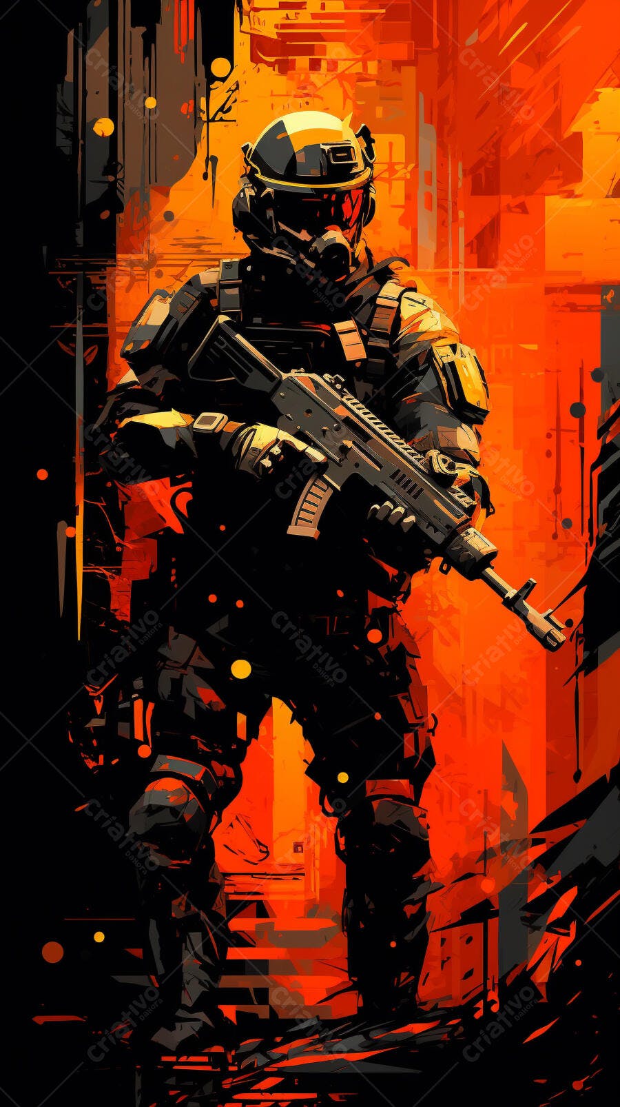 Soldado em cenário futurista laranja