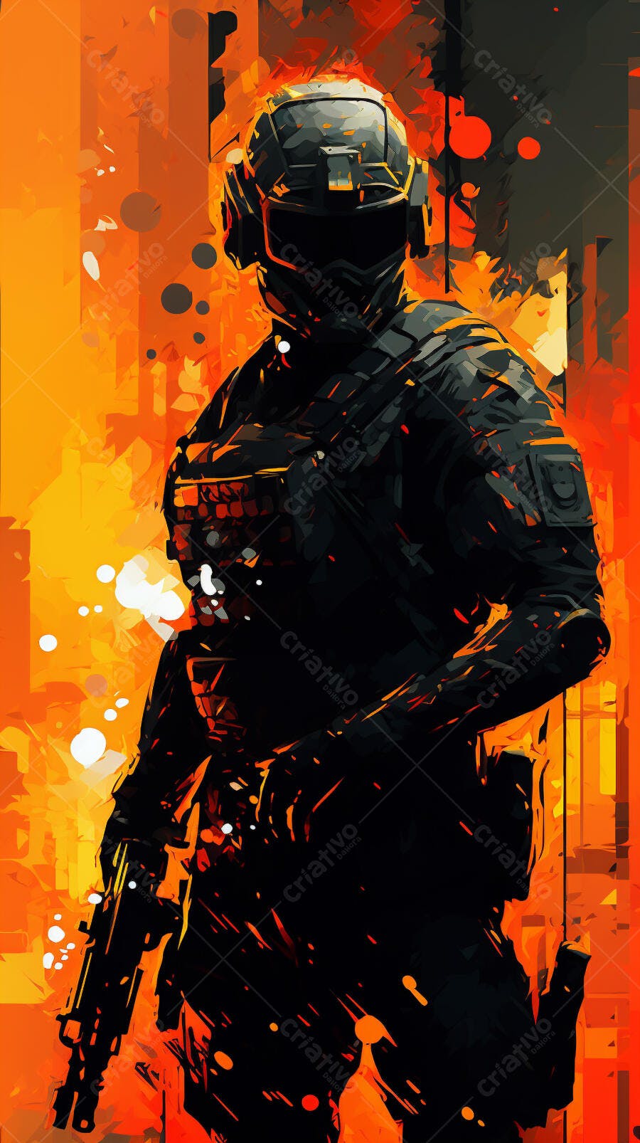 Soldado futurista em cenário de fogo